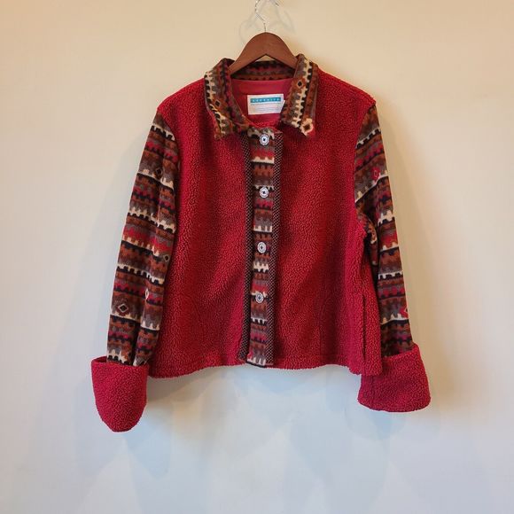 SuzKnits Jackets & Blazers - Rare SuzKnits Womens Aztec Fleece Jacket Large Red Merino Wool Southwestern